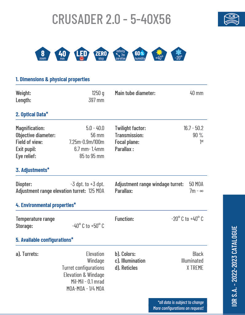 IOR Crusader 2.0 5-40X56 MIL FFP no factory stock