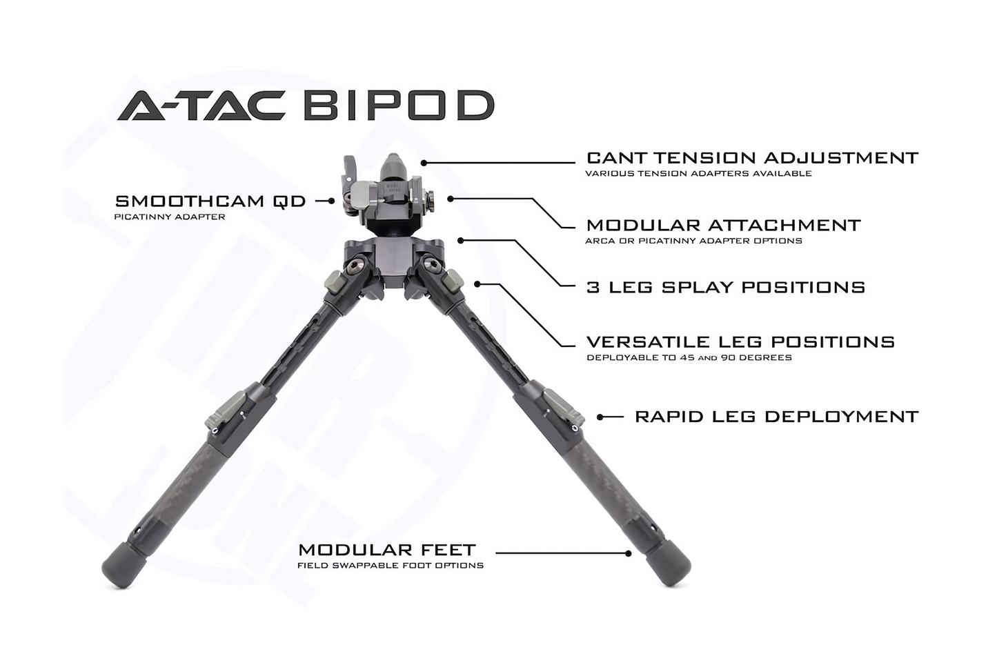 ATAC Bipod Long Carbon Tilt Picatiny 230 mm with rubber and Spike/Claw foot